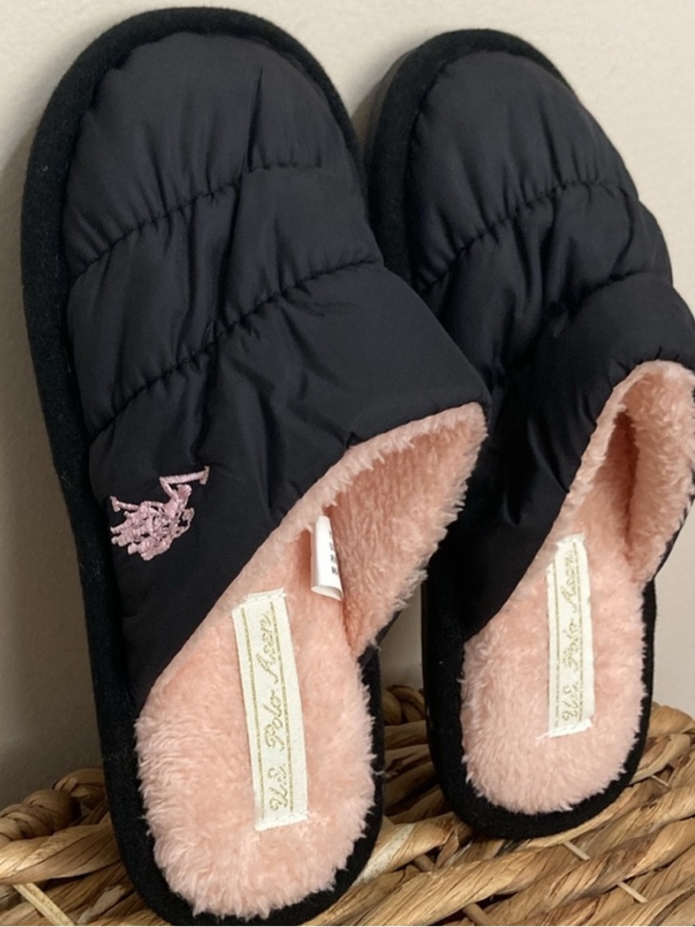 U.S. Polo Assn. Black Quilted Slip-On Slippers with Pink Plush Lining